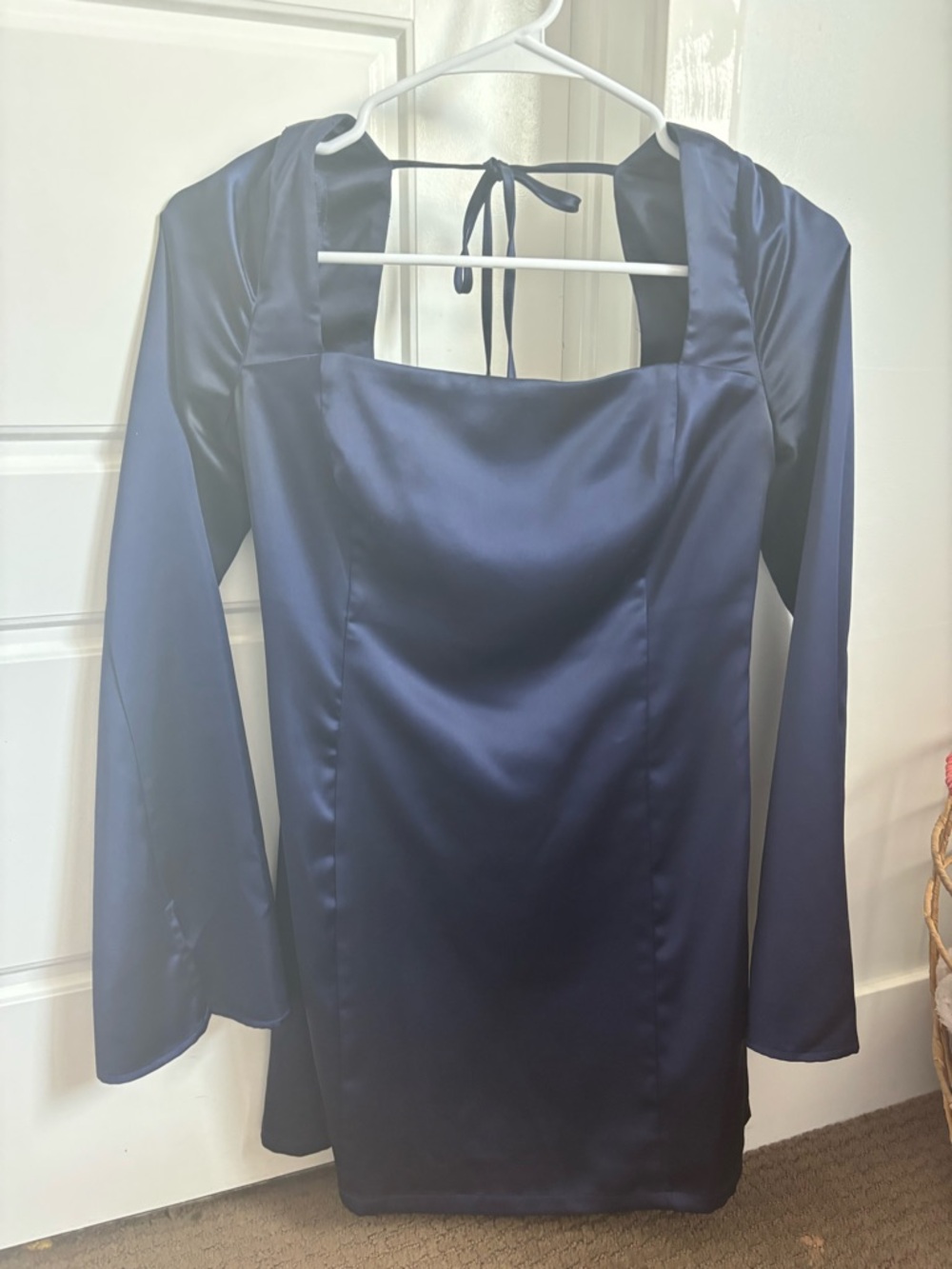 wild fable Navy Satin Long-Sleeve Square-Neck Mini Dress